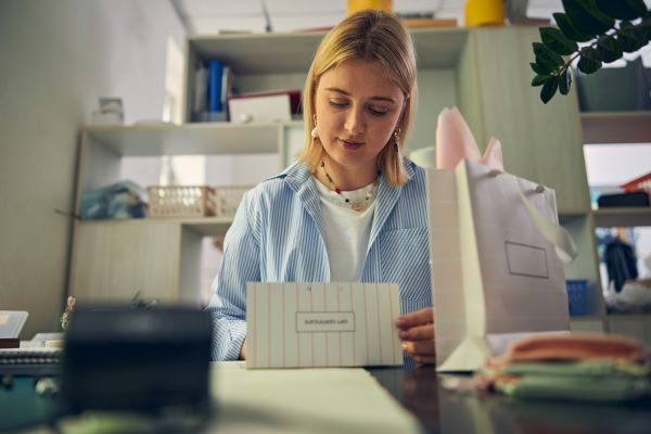 a imagem mostra uma mulher dona de loja preparando mimos para clientes