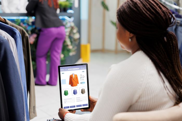 Cliente na loja usando o aplicativo de loja de roupas