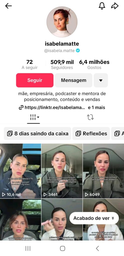 A imagem mostra um print do TikTok de Isabela mostrando sua bio.