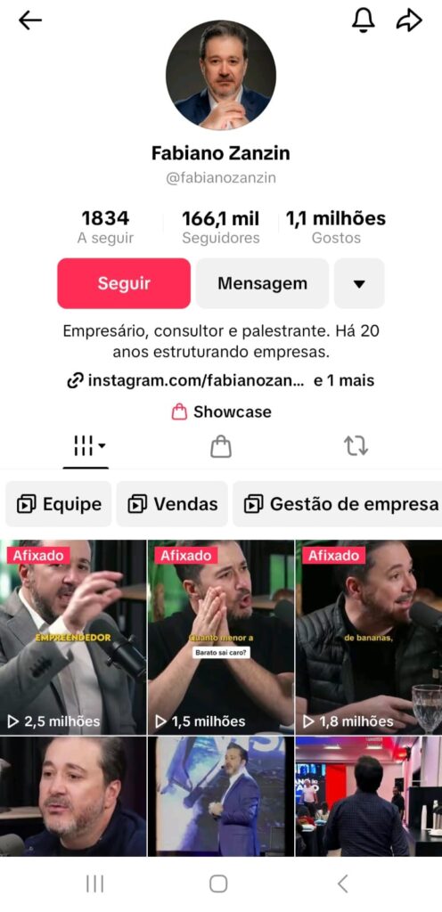 A imagem mostra um print do TikTok de Fabiano, destacando a sua bio.