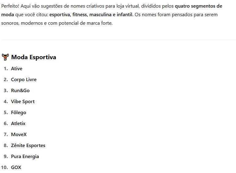 Exemplo de nomes do ChatGPT
