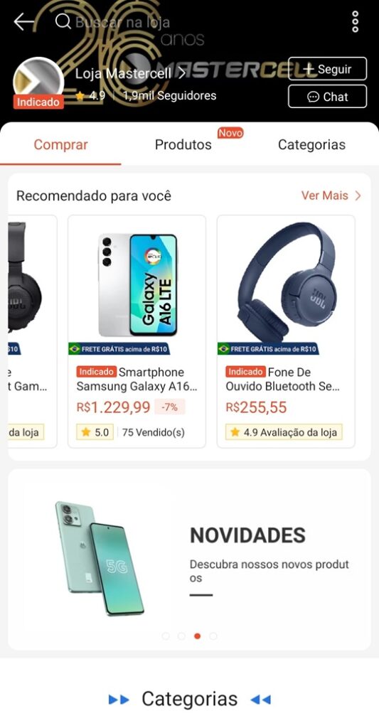 Imagem mostra a página do Marketplace Lojas Mastercell que vende seus produtos de telefonia e acessórios no marketplace da Shopee