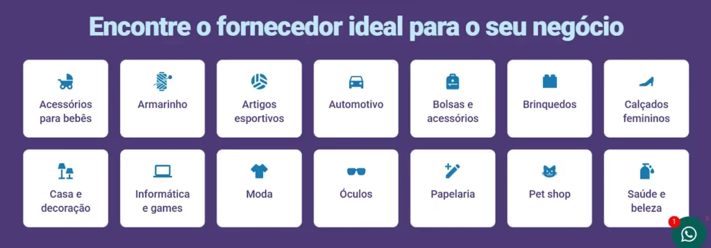 Tela que mostra as categorias da lista de fornecedores dropshipping nacional e internacional oferecida pela Tray
