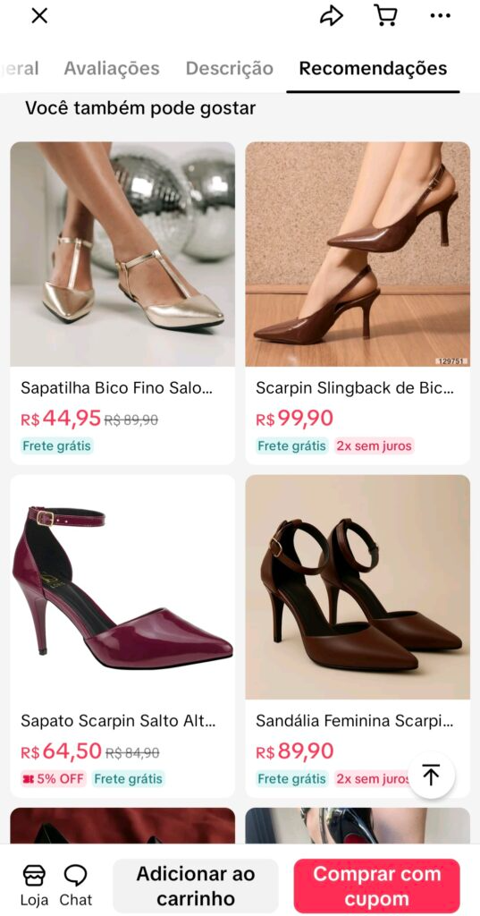 A imagem mostra sapatos que são vendidos no catálogo do TikTok Shop