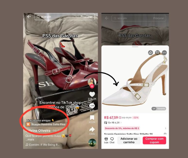 A imagem mostra sapatos sendo vendidos no TikTok Shop