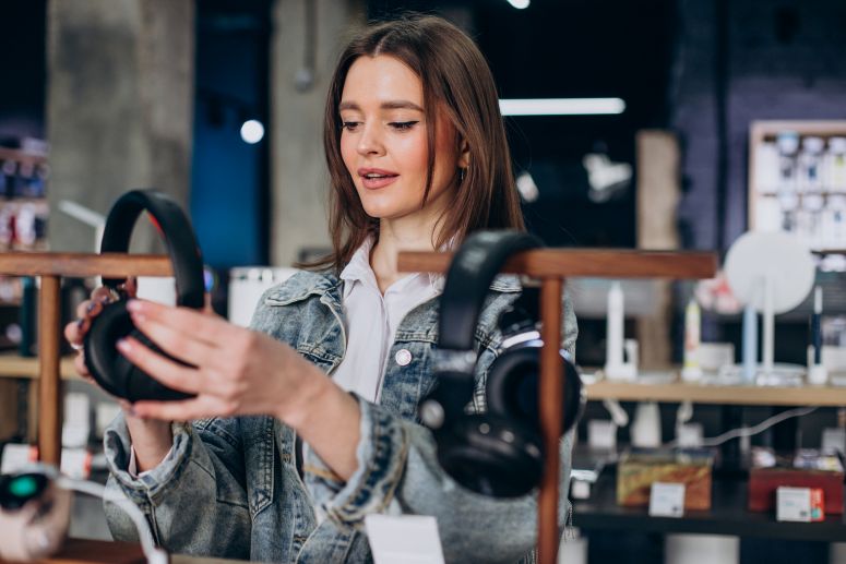 Jovem em loja de acessórios para celulares pega um fone de ouvido.