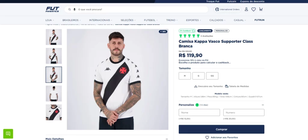 Tela de produto da FutFanatics loja gerenciada no ecossistema Tray. Mais um exemplo de como vender pela internet