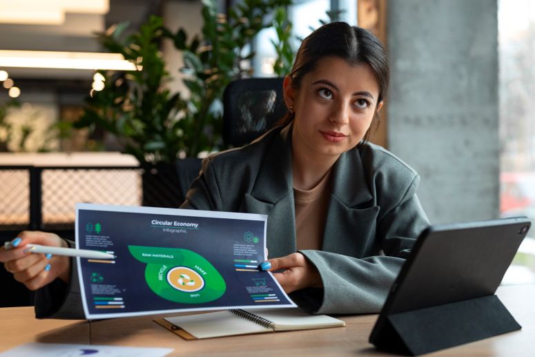rofissional explicando gráficos sobre economia circular enquanto gerencia dados e análises, representando a importância da gestão e prevenção de chargebacks no e-commerce.