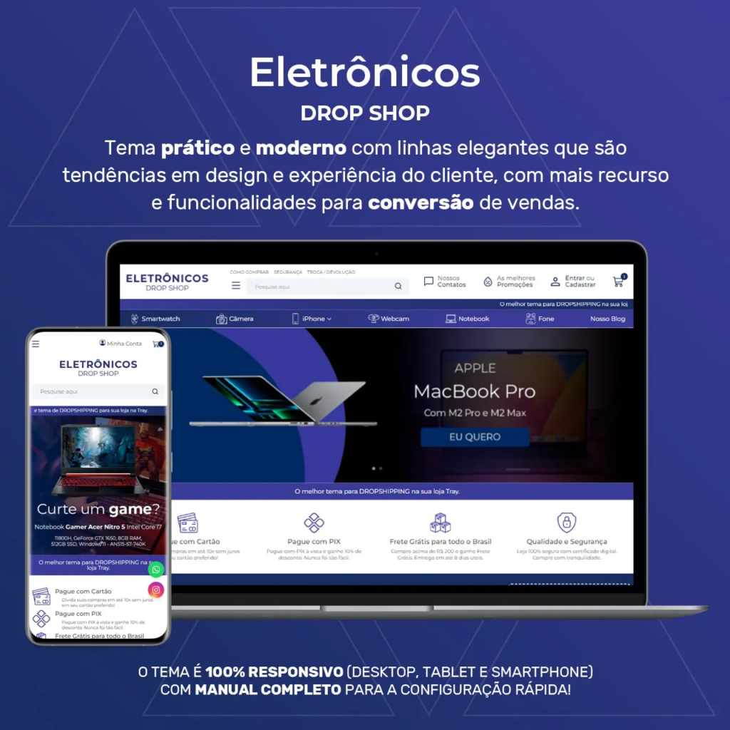 Representação do tema  para loja virtual Drop Shop  funcionando em um notebook e celular. O tema criado pela Tray é ideal para uma loja Dropshipping
