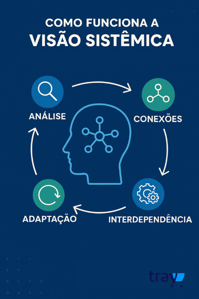 Infográfico mostrando como funciona a visão sistêmica, com os elementos análise, conexões, interdependência e adaptação, aplicados ao empreendedorismo.