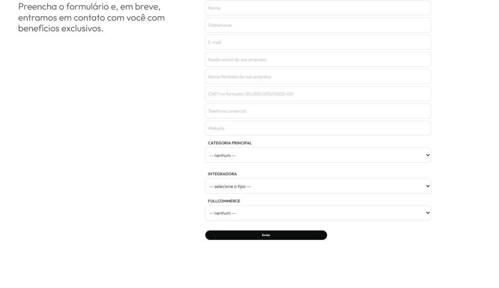 Formulário da Camicado Marketplace