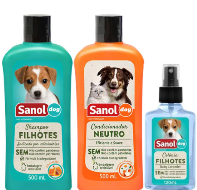 Conjunto de produtos de higiene pet da marca Sanol Dog, incluindo shampoo, condicionador e colônia para cães e gatos.