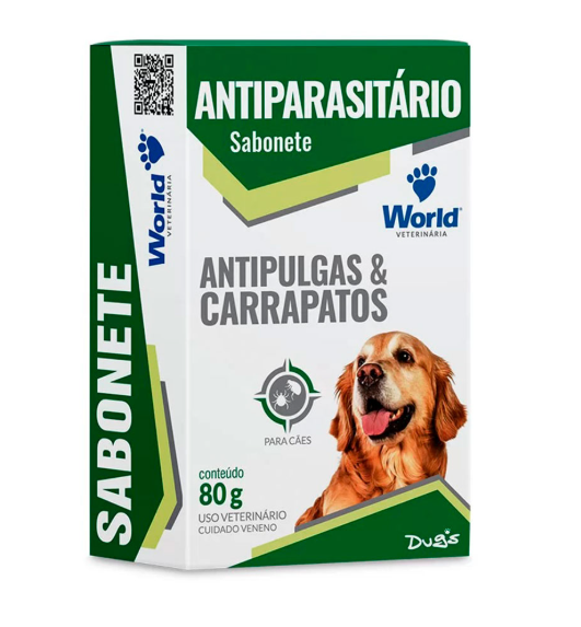 Sabonete antiparasitário para cães, indicado para combater pulgas e carrapatos, com embalagem da marca World Veterinária.