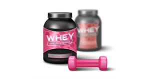 Embalagem de whey protein e halter rosa, ilustrando produtos comercializados por fornecedor de suplementos para lojas online.