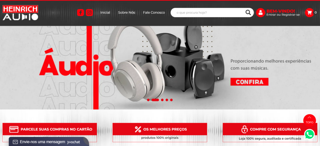 A imagem mostra um print do site da  Heinrich Áudio - lojista Tray E-commerce