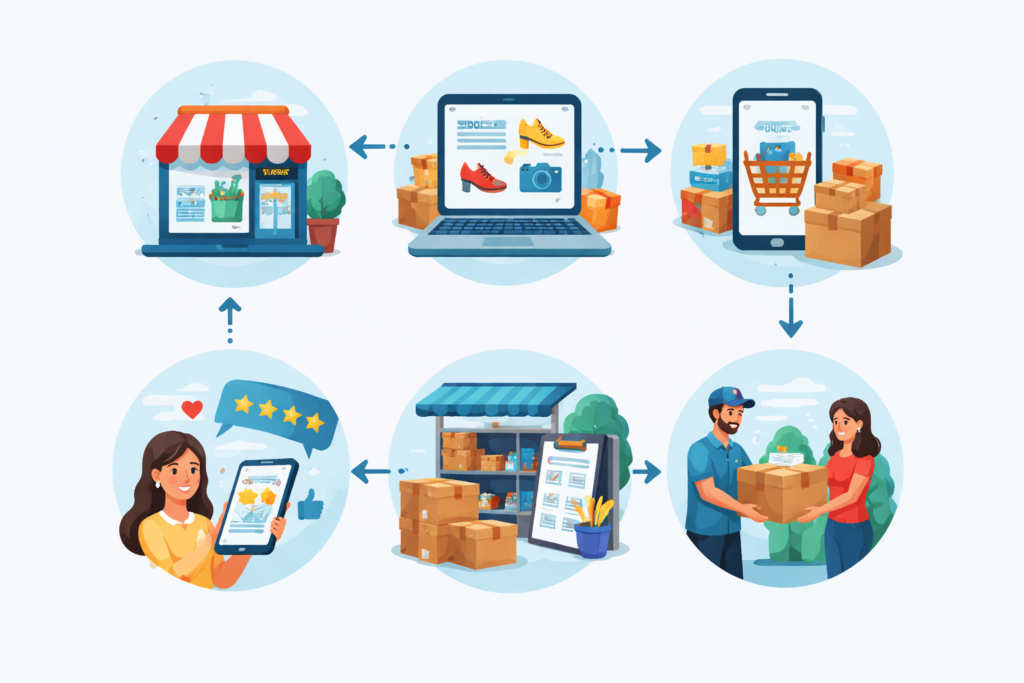 Imagem ilustrativa que mostra como funciona o processo de venda de um marketplace na prática.