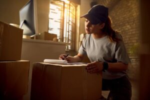 mulher entregadora assina um recibo de compra e venda