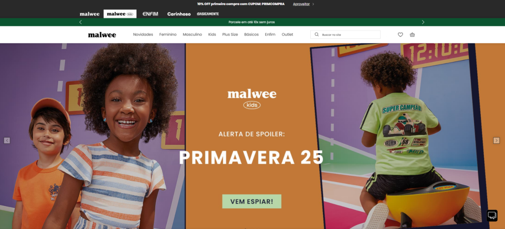 A imagem mostra a página iniclial do site Malvee com duas crianças negras estilosas
