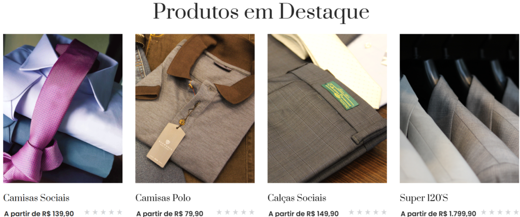 A imagem mostra camisas sociais, polo, calças e ternos.