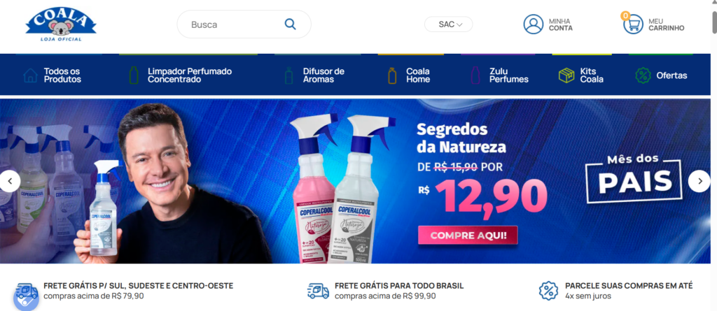 A imagem mostra um banner com os produtos da loja Coala, com o apresentador Rodrigo Faro como garoto-propaganda.