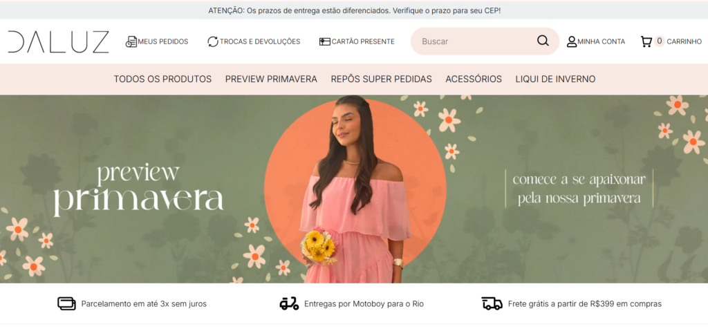 A imagem mostra um print do site da Da Luz Moda Feminina - lojista Tray E-commerce