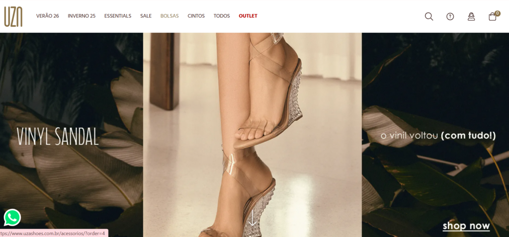 A imagem mostra um print do site da Uza Shoes Moda Feminina - lojista Tray E-commerce