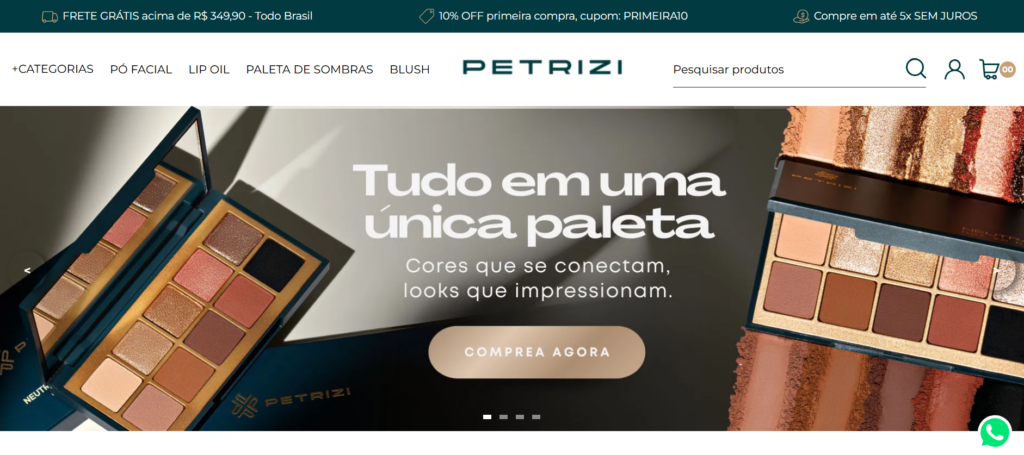 A imagem mostra um print do site da Petrizi Makeup - lojista Tray E-commerce