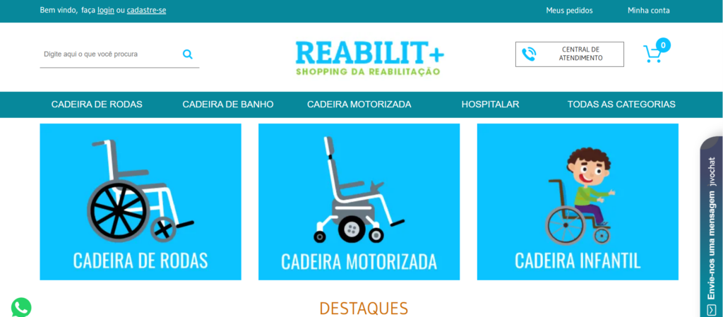 A imagem mostra um print do site da Reabilit Mais - lojista Tray E-commerce