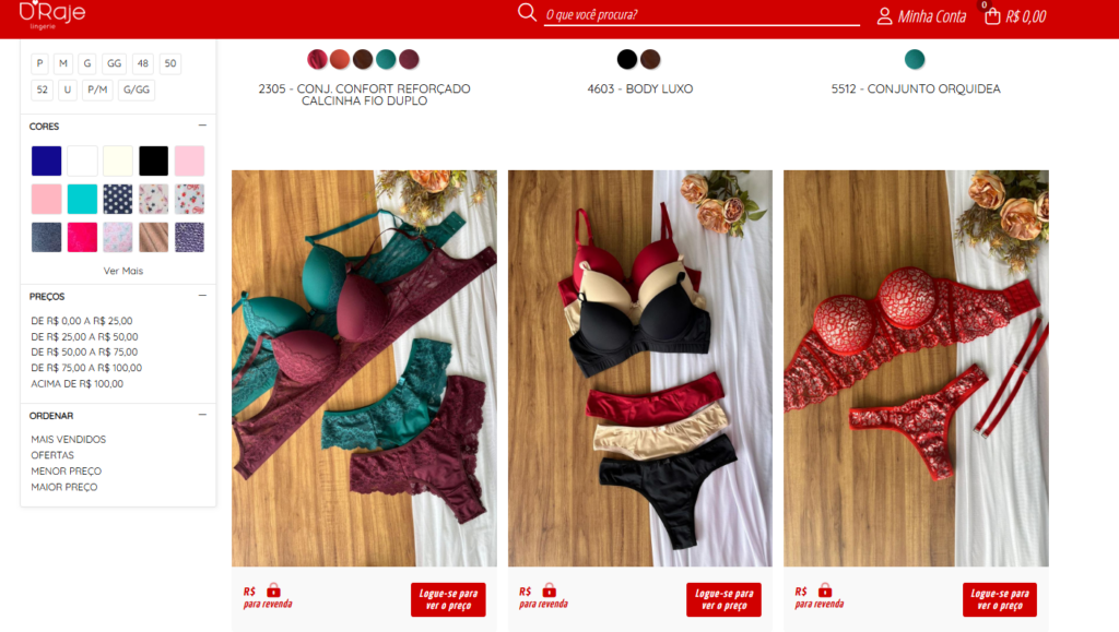A imagem mostra diversas lingeries em modelos e cores diversas