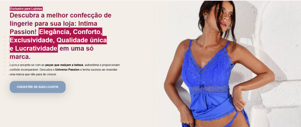 A imagem mostra o home page da marca Intima Passion, com a modelo usando uma lingerie azul 