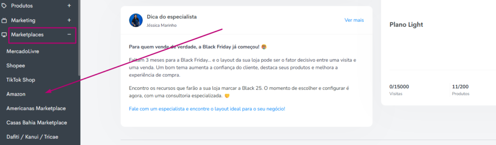 A imagem mostra a plataforma Tray E-commerce e sua aba de marketplaces.