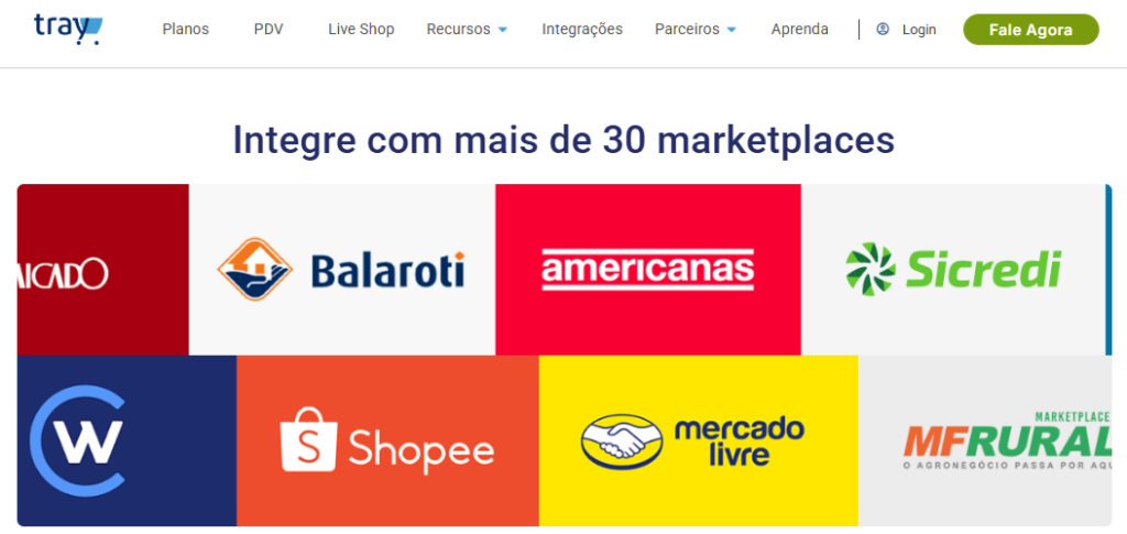 A imagem mostra os diversos marketplaces integrados à plataforma Tray E-commerce.