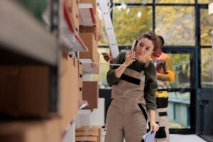 Mulher preocupada olhando estoque de uma grande operação