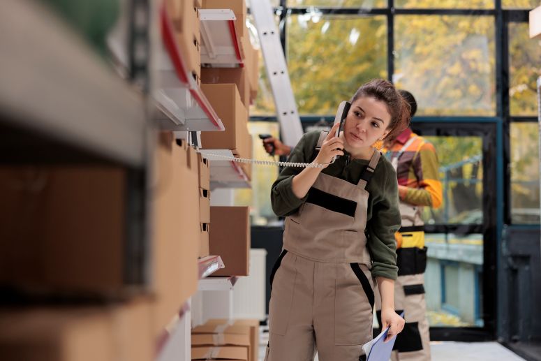 Mulher preocupada olhando estoque de uma grande operação