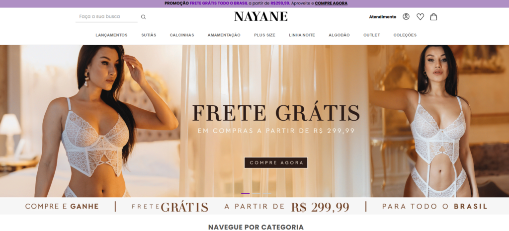 A imagem mostra a home page do site Nayane e uma modelo usando lingerie branca