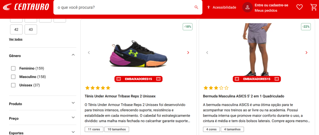 A imagem mostra um print com roupas e sapatos vendidos na Centauro