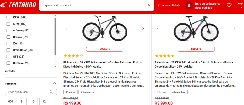 Print de uma imagem do sire da Centauro anunciando bikes.