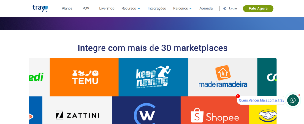 A imagem mostra a página de marketplaces que a Tray integra
