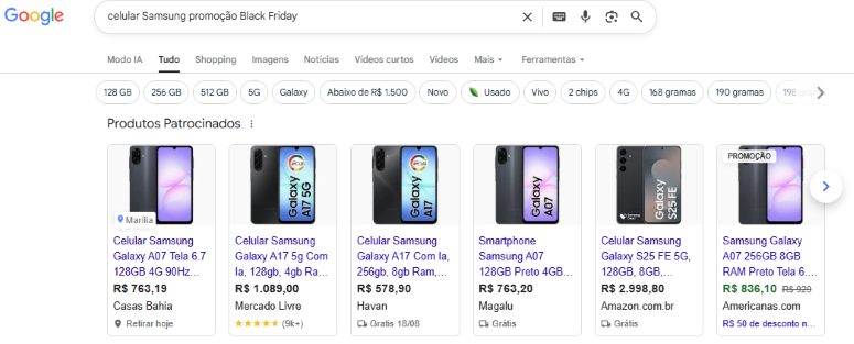 Pesquisa no Google “celular Samsung promoção Black Friday”