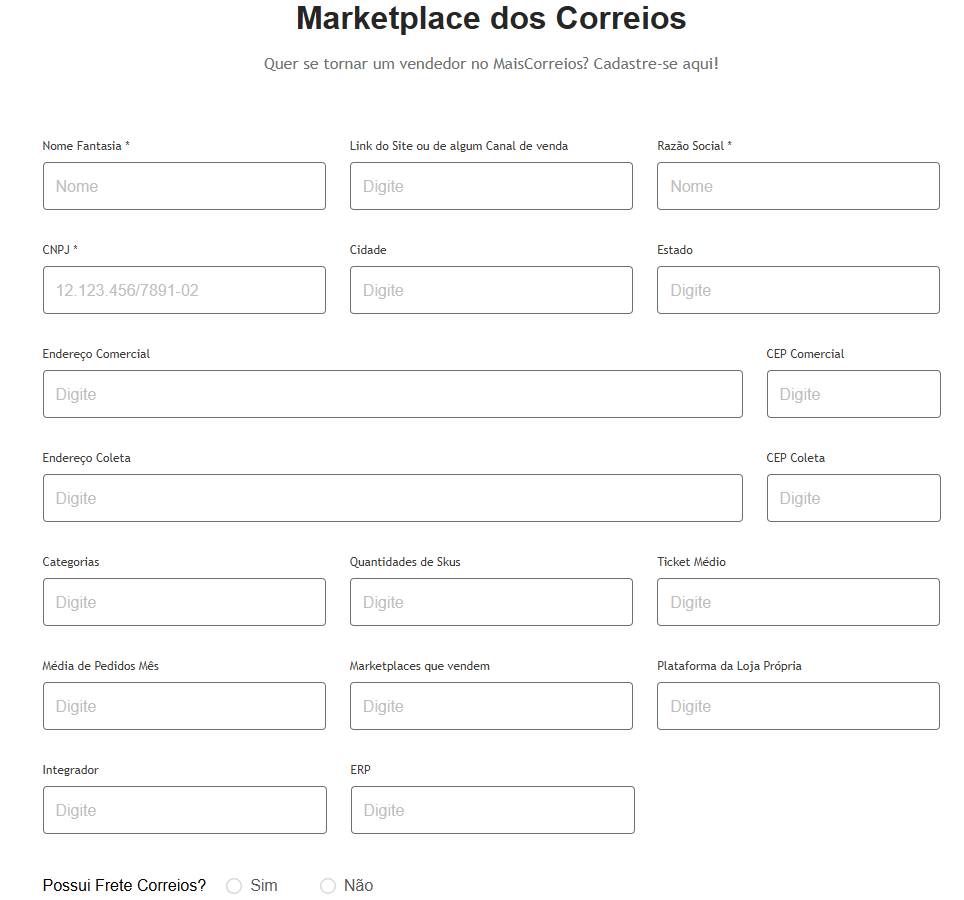 Dados para se tornar vendedor do Mais Correios