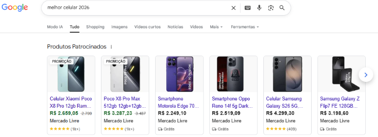 Pesquisa no Google "melhor celular 2026"