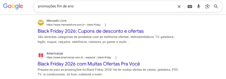 Pesquisa no Google “promoções fim de ano”