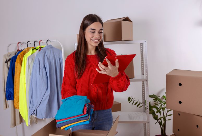 Vendedora checando as vendas de u produto na planilha