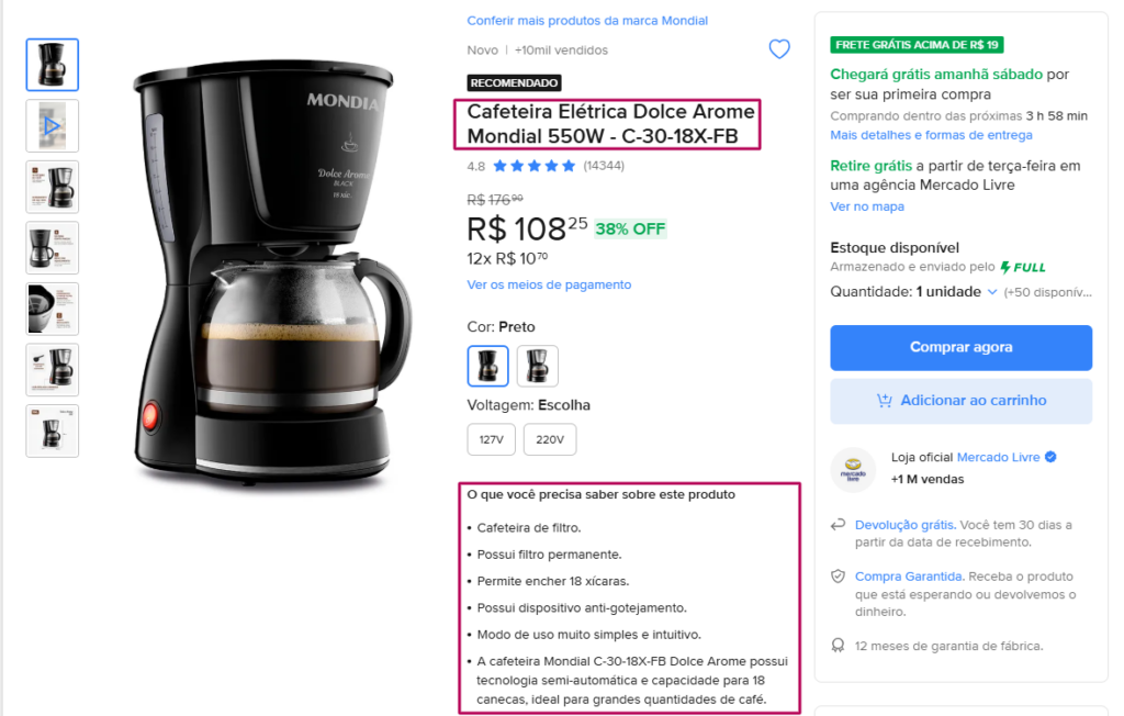 Descrição detalhada de uma cafeteira, exemplo