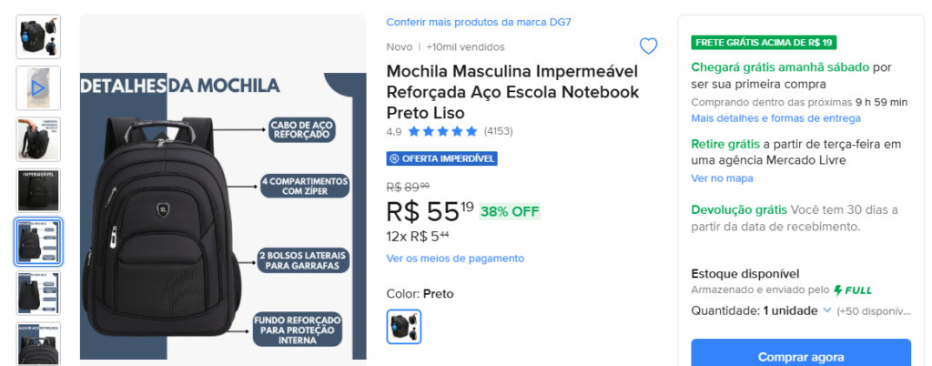 Exemplo de fotos de anúncio de uma mochila no Mercado Livre