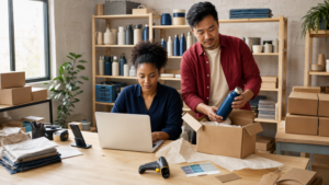 Uma mulher em frente ao notebook e um homem preparando uma garrafa para envio em uma caixa de papelão.