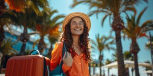 Mulher de férias com mala e mochila.