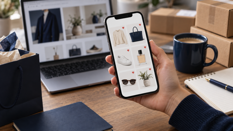 Um celular em destaque, apresentando a lista de produtos desejados.