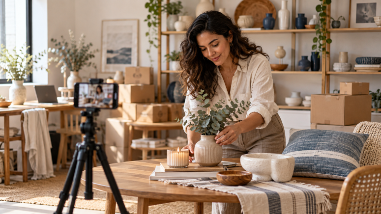Uma mulher registrando produtos de decoração por fotos.