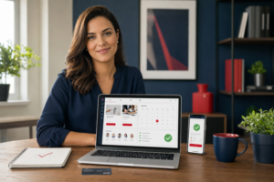 Mulher com o notebook e celular com a loja virtual.